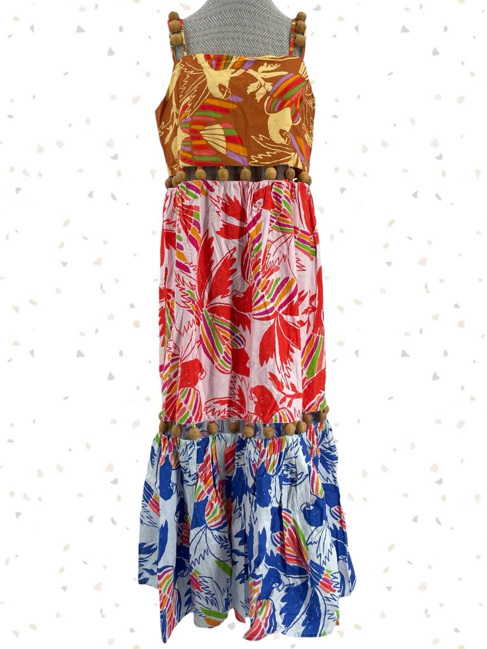 Farm Rio Bright Tropical Dress Wood Beads Colorful Summer Long Sundress Size M